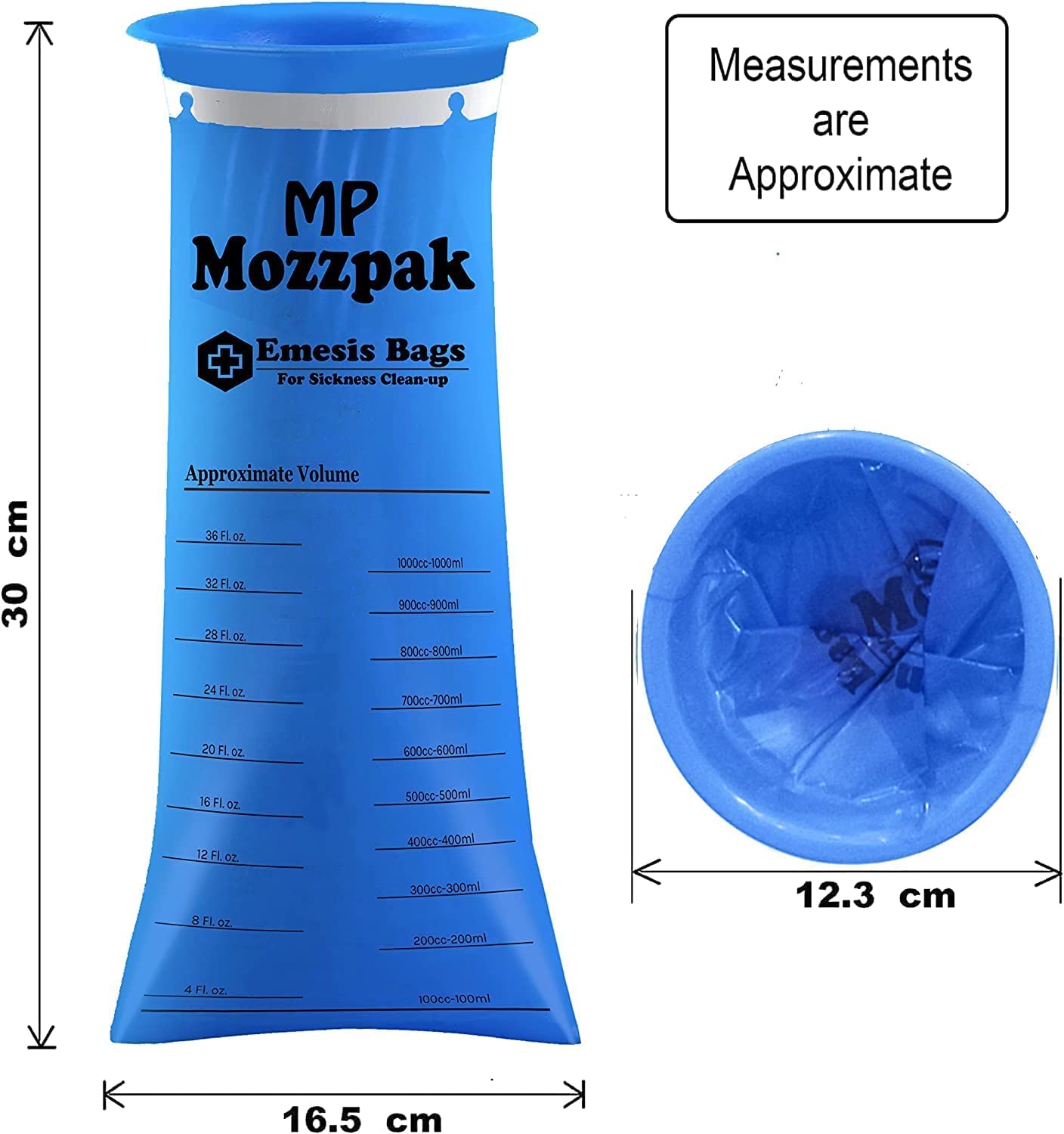 MP Mozzpak emesis bag with twist-seal closure controls odor during travel.