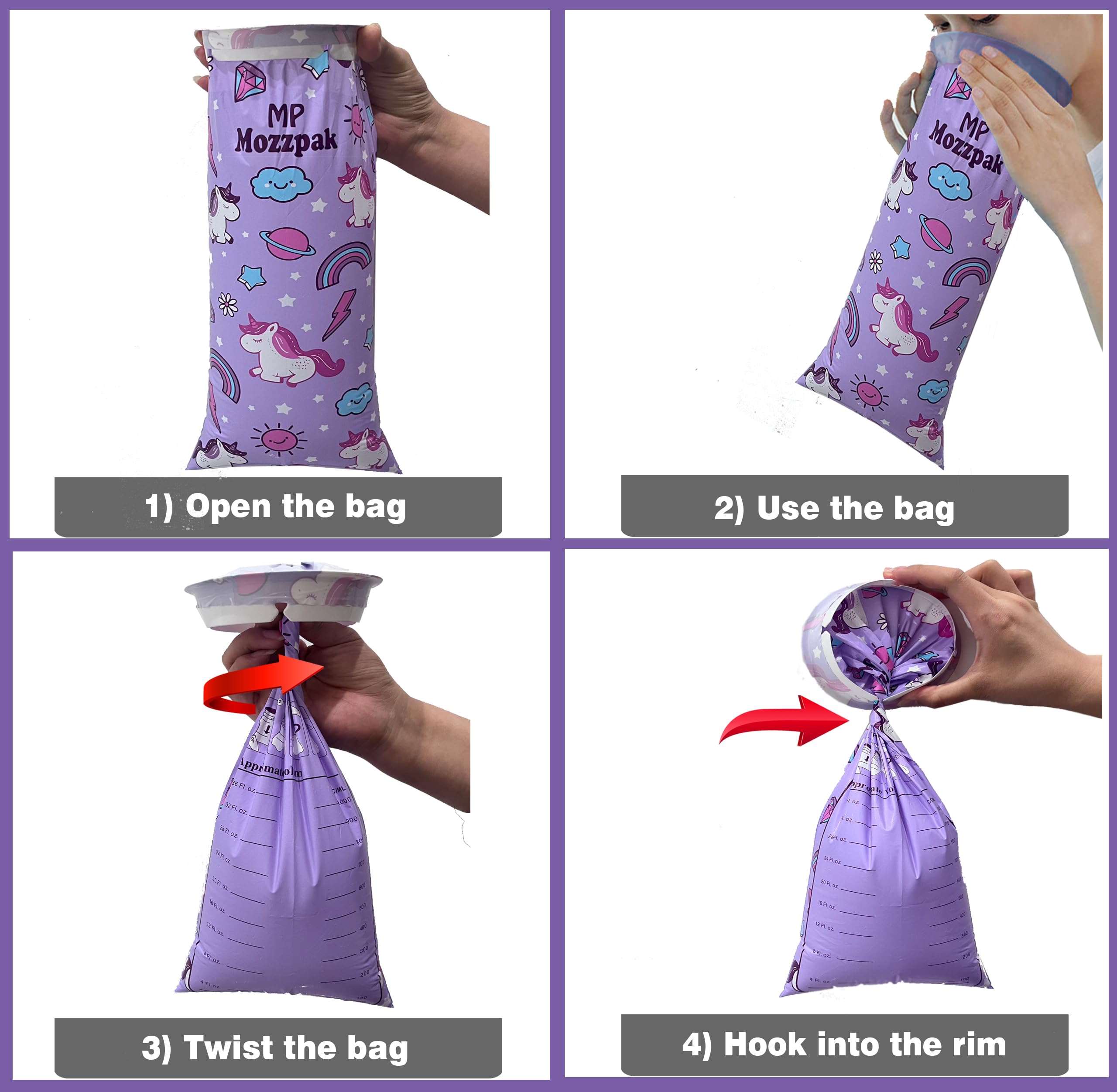 MP Mozzpak Unicorn Kids Vomit Bags seal-closure—controls odors after vomiting.