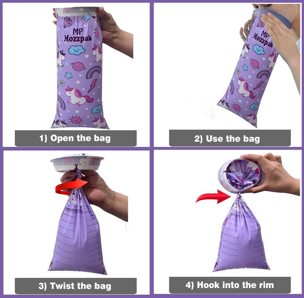 MP Mozzpak Unicorn Kids Vomit Bags seal-closure—controls odors after vomiting.