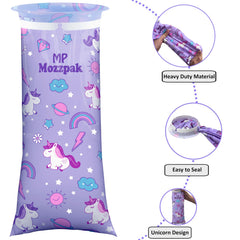 MP Mozzpak Unicorn vomit bags sealed to show leak-proof protection during trips.