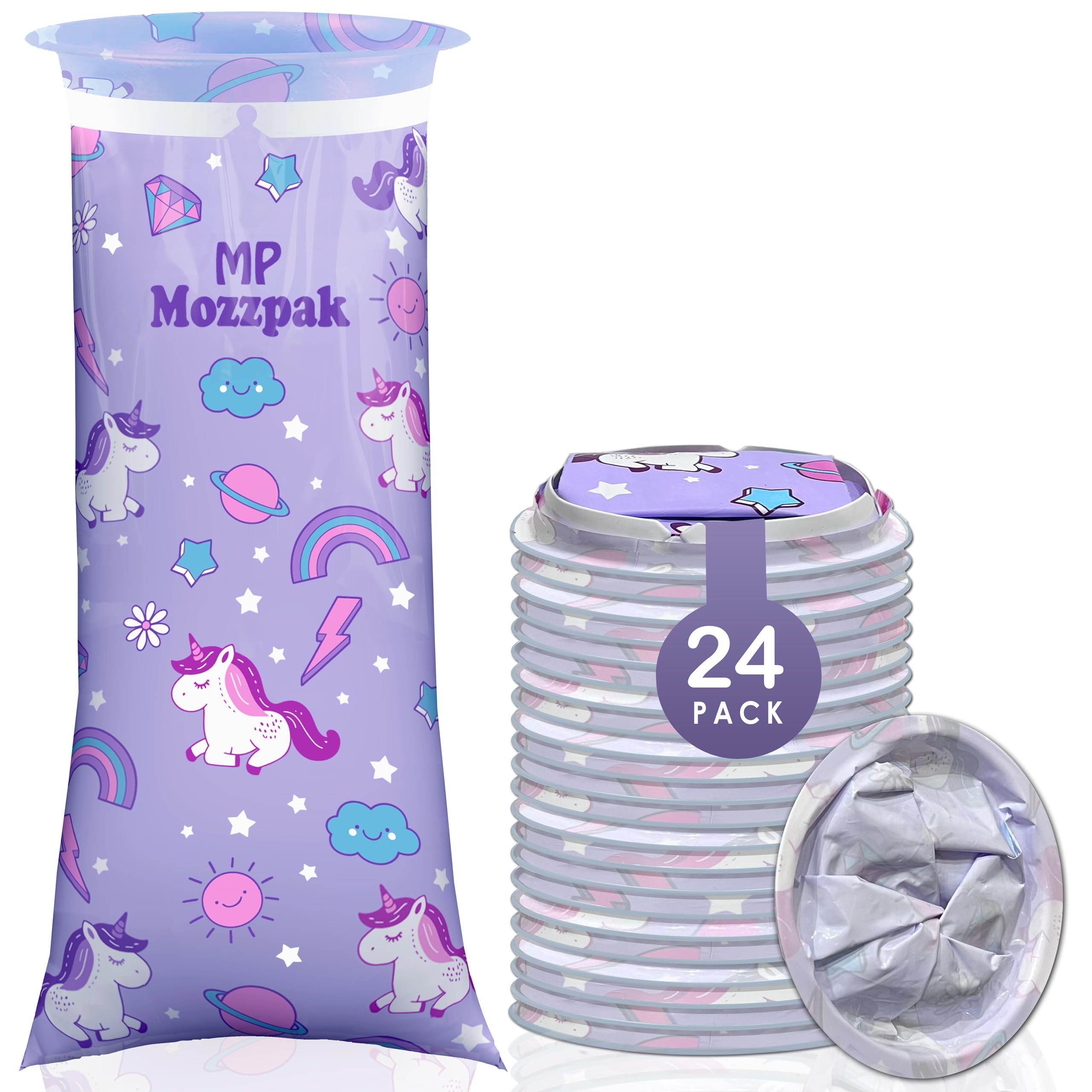 MP Mozzpak Unicorn vomit bags 24-pack in packaging, ready for travel mess control.
