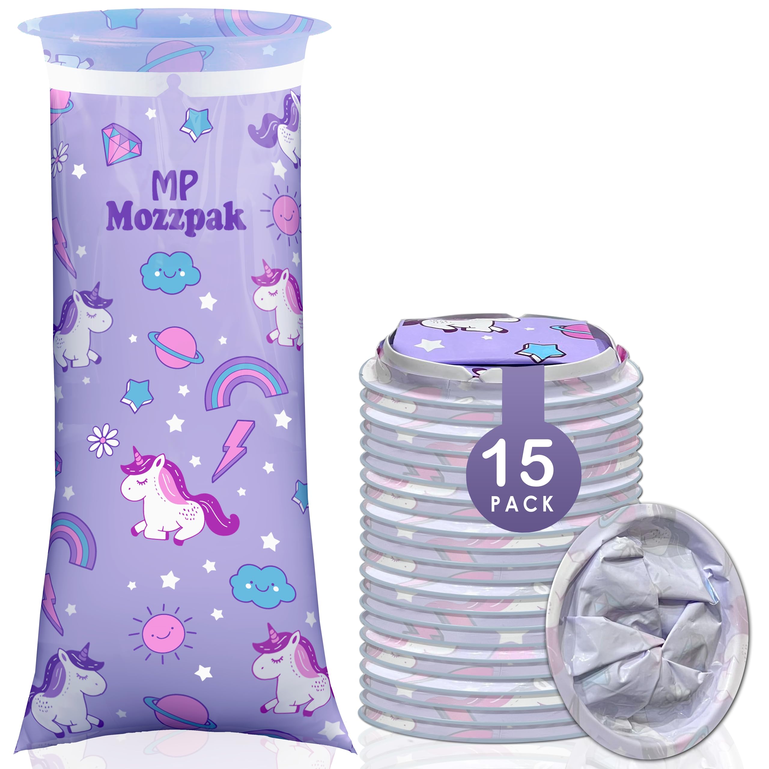 MP Mozzpak unicorn vomit bags pack 15 for kid-friendly motion sickness on trips.