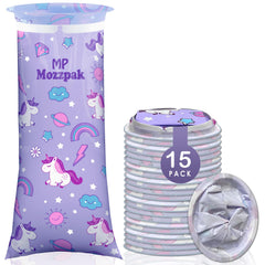 MP Mozzpak unicorn vomit bags pack 15 for kid-friendly motion sickness on trips.