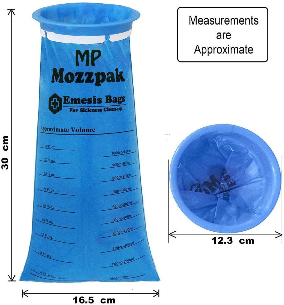 MP Mozzpak vomit bags show leakproof closure for secure containment.