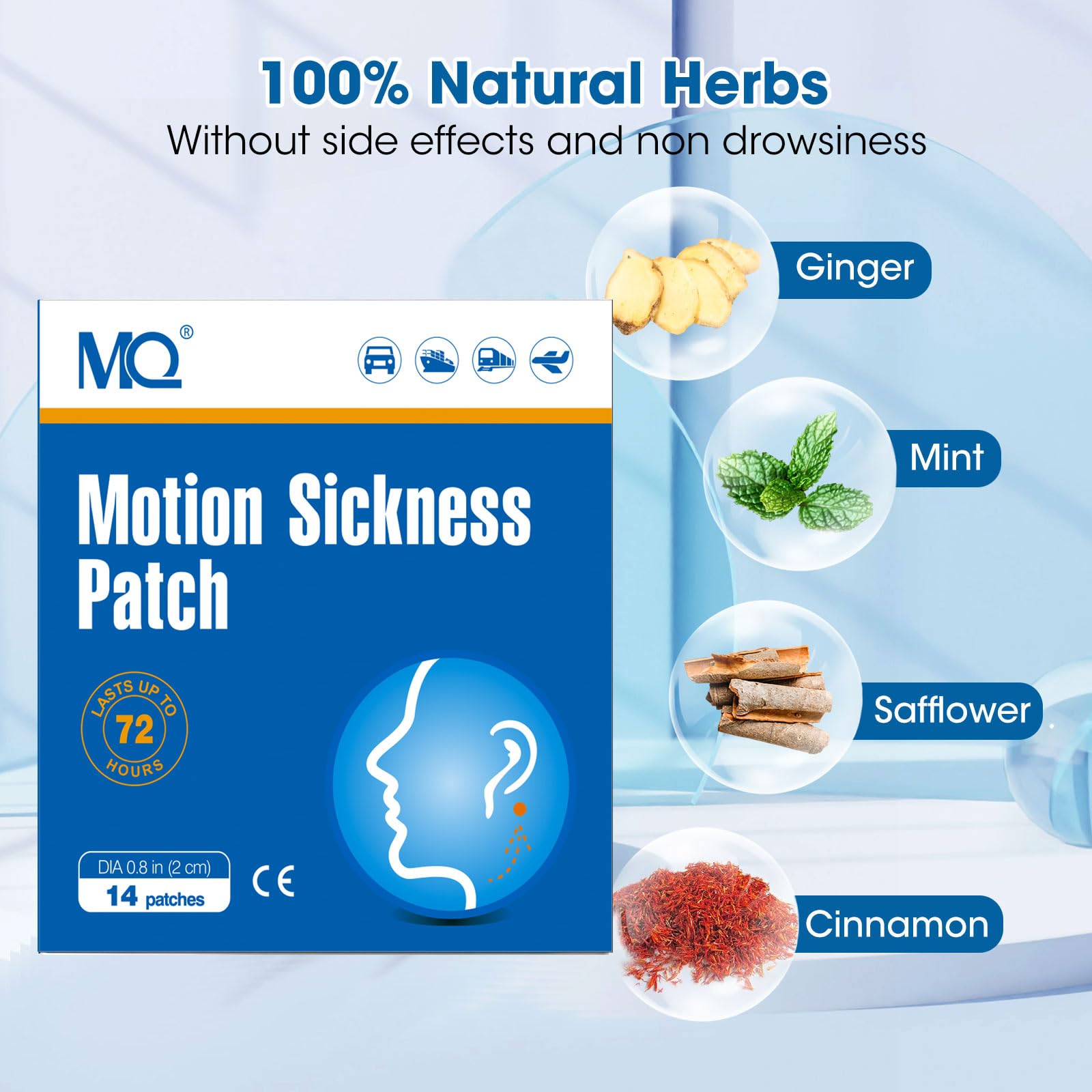 MQ motion sickness patch being applied behind the ear demonstrates simple setup