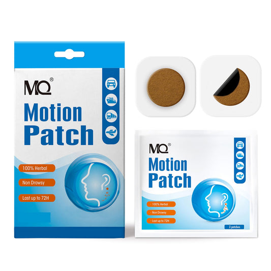 MQ Motion Sickness Patch behind-ear application for travel comfort.