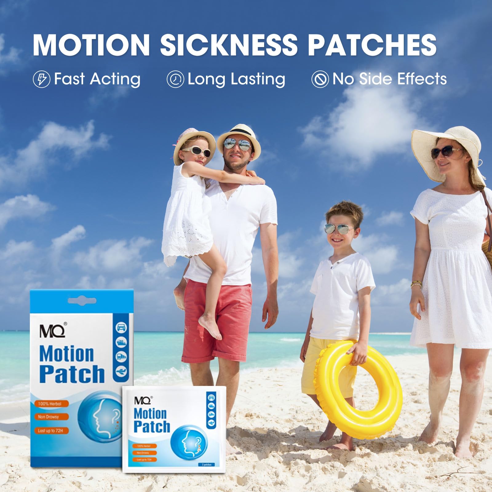 MQ Motion Sickness Patch behind-ear application for quick, non-drowsy motion relief.
