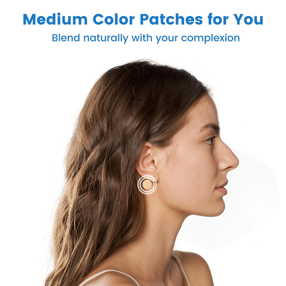 MQ motion sickness patch applied near the navel area for flexible placement