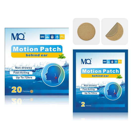 MQ motion sickness patch packaging shows a travel-ready box for easy carrying