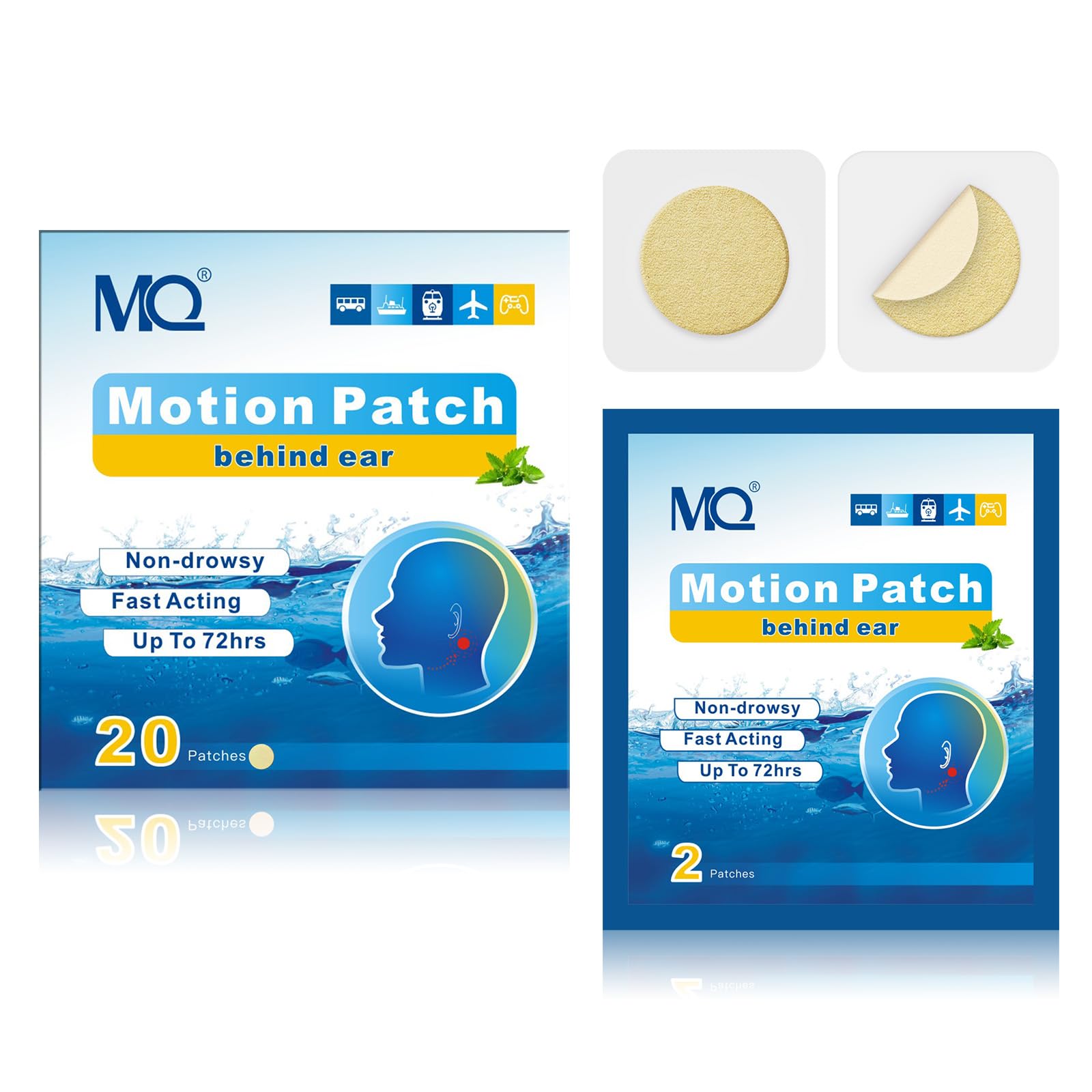 MQ motion sickness patches pack front view showing discreet color options for travel