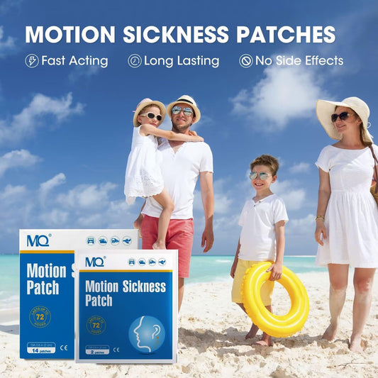 MQ behind-ear patch being applied for quick relief during travel.