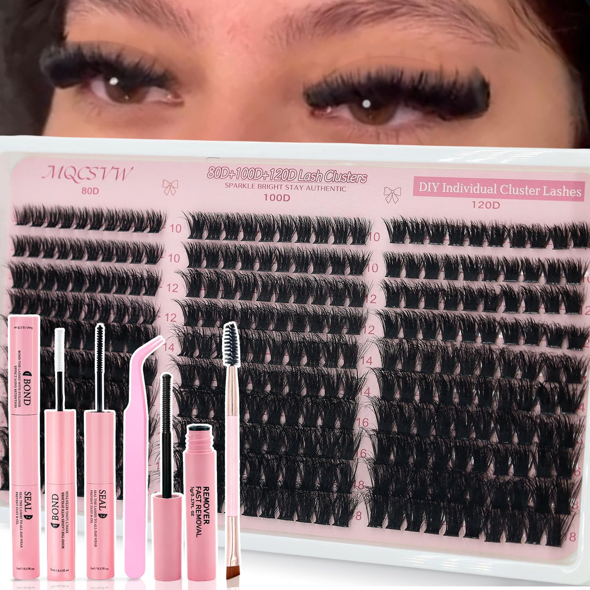 MQCsvw Fluffy Lash Clusters Kit image shows easy at-home lash extensions.