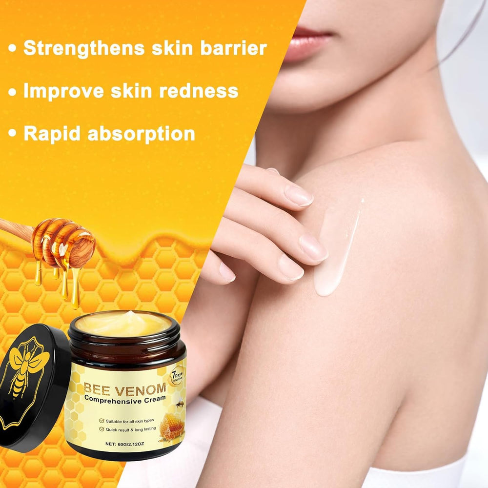 Packaging and branding of MQG Bee Venom Comprehensive Cream on display.