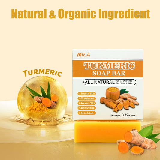 MR.A turmeric soap bar held in hand showing rich lather and cleansing action.
