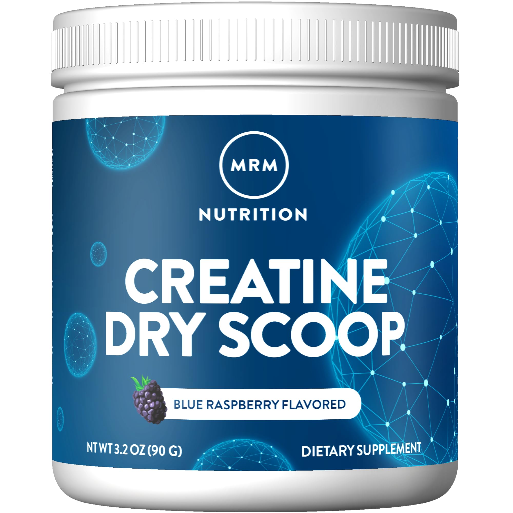 MRM Creatine Dry Scoop Blue Raspberry bottle and scoop front view