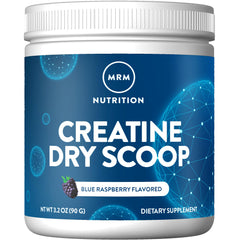 MRM Creatine Dry Scoop Blue Raspberry bottle and scoop front view