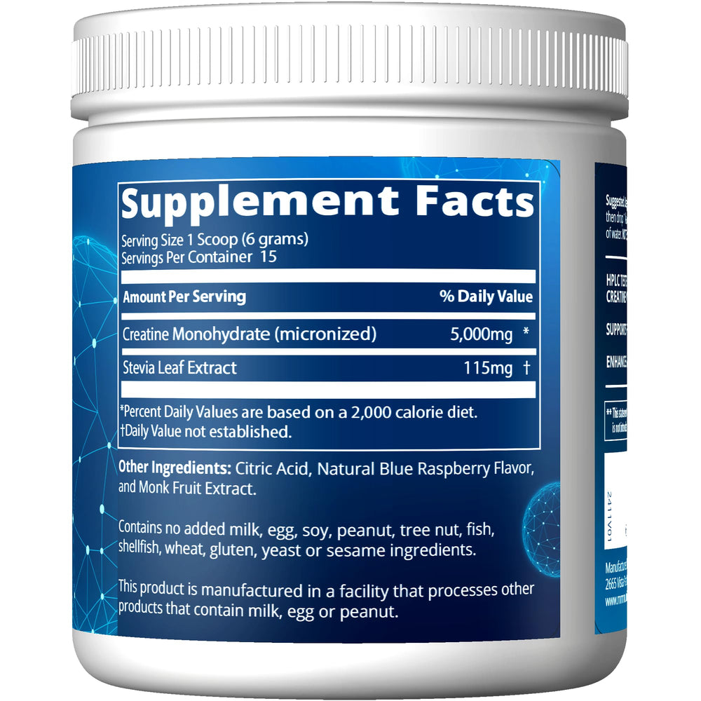 Close-up of MRM Creatine Dry Scoop Blue Raspberry powder being scooped