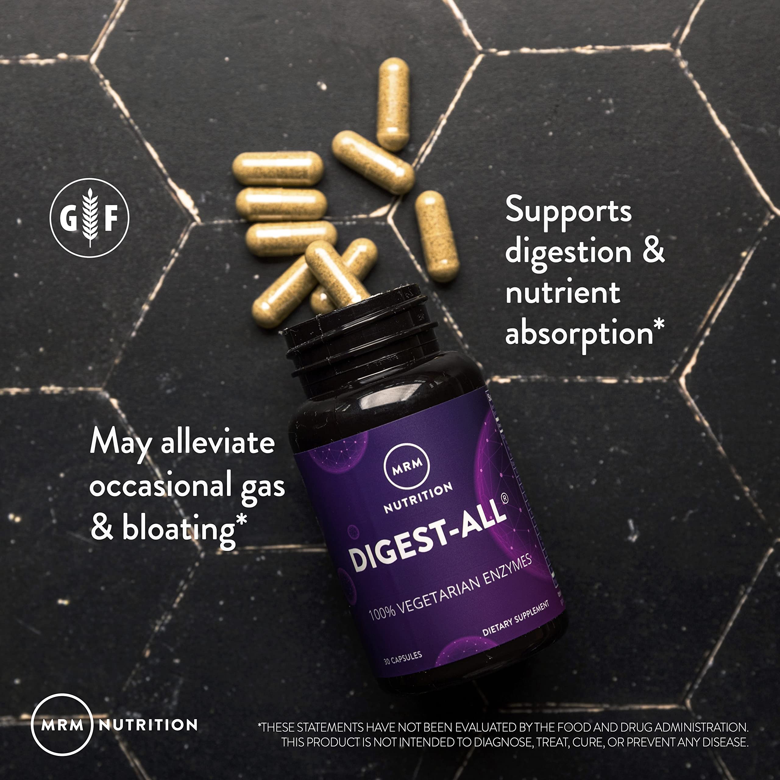 MRM Digest-All serving-size depiction shows 15 servings per bottle for ongoing support