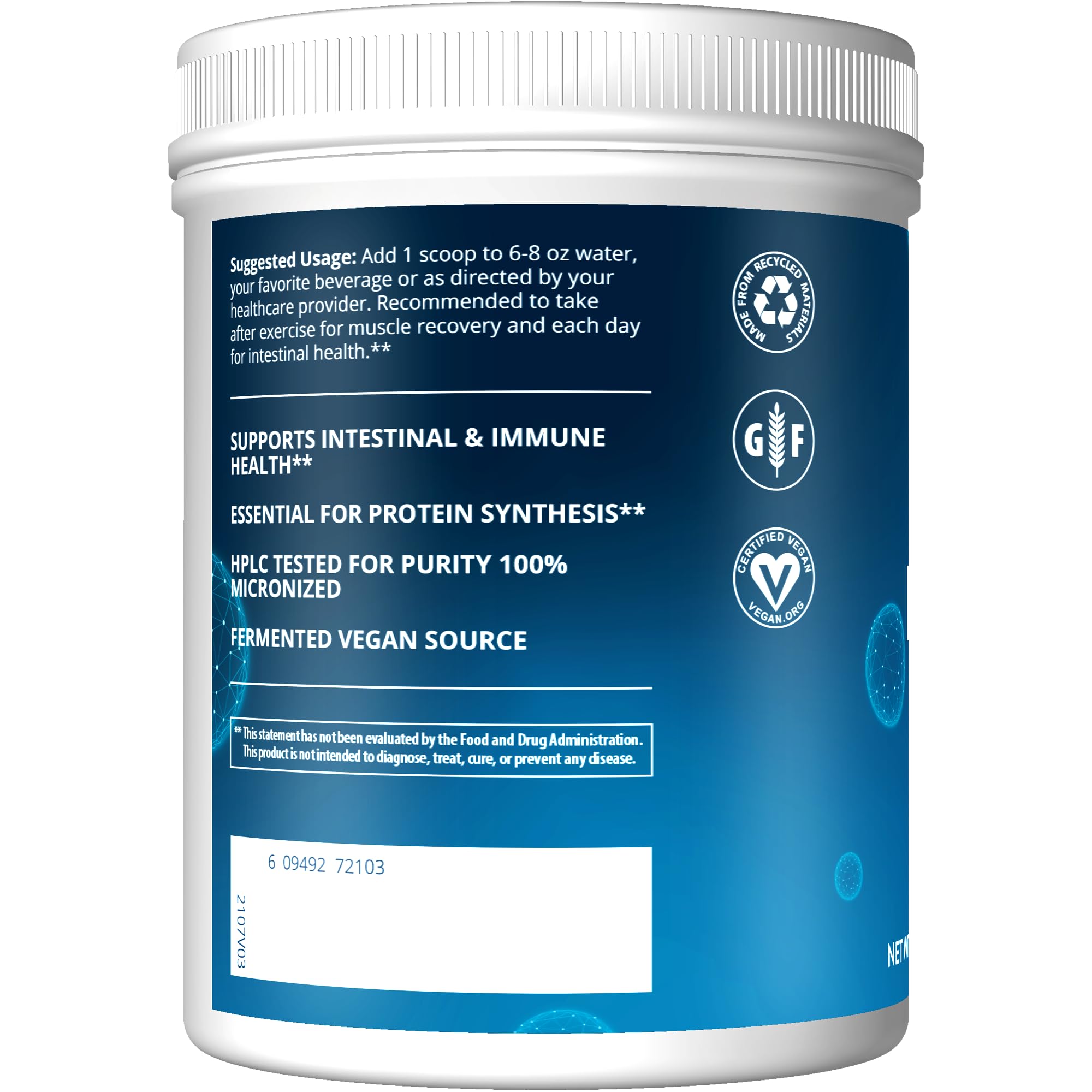 MRM L-Glutamine powder scoop beside container for daily amino support