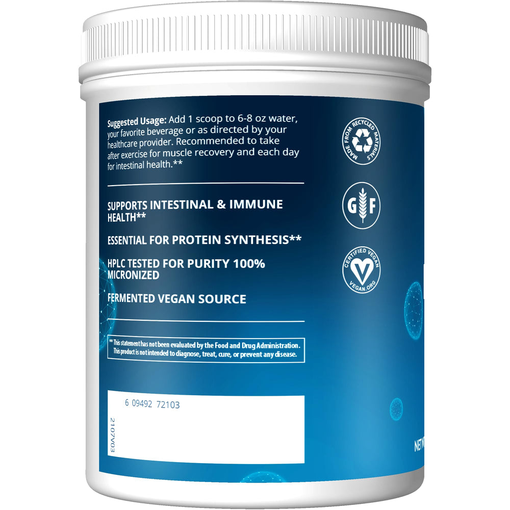 MRM L-Glutamine powder scoop beside container for daily amino support