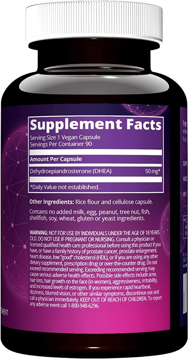DHEA 50mg capsules and bottle on a clean surface