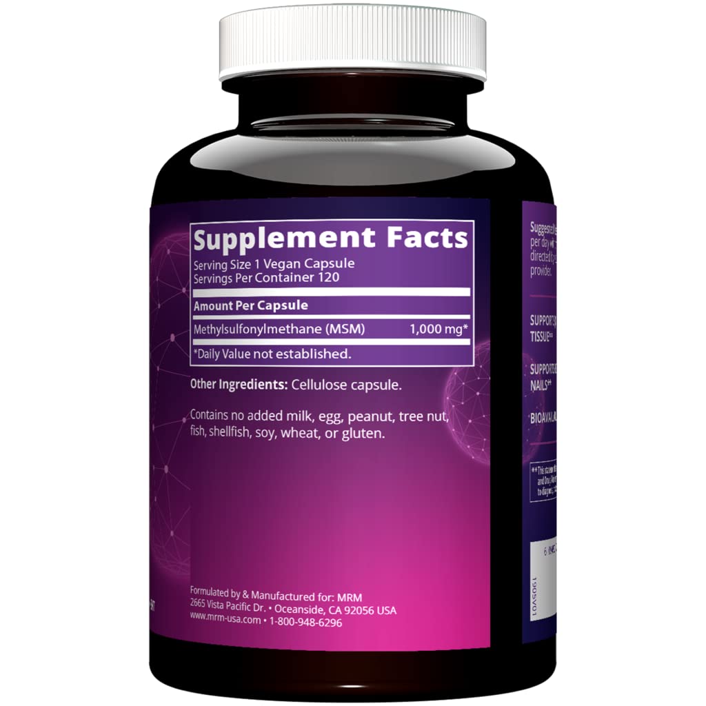 Close-up of MRM MSM 1000mg capsules highlighting hair, skin and nails support