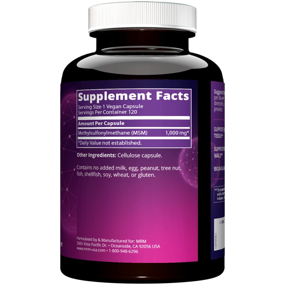 Close-up of MRM MSM 1000mg capsules highlighting hair, skin and nails support