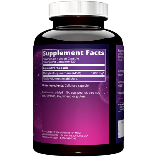 Close-up of MRM MSM 1000mg capsules highlighting hair, skin and nails support