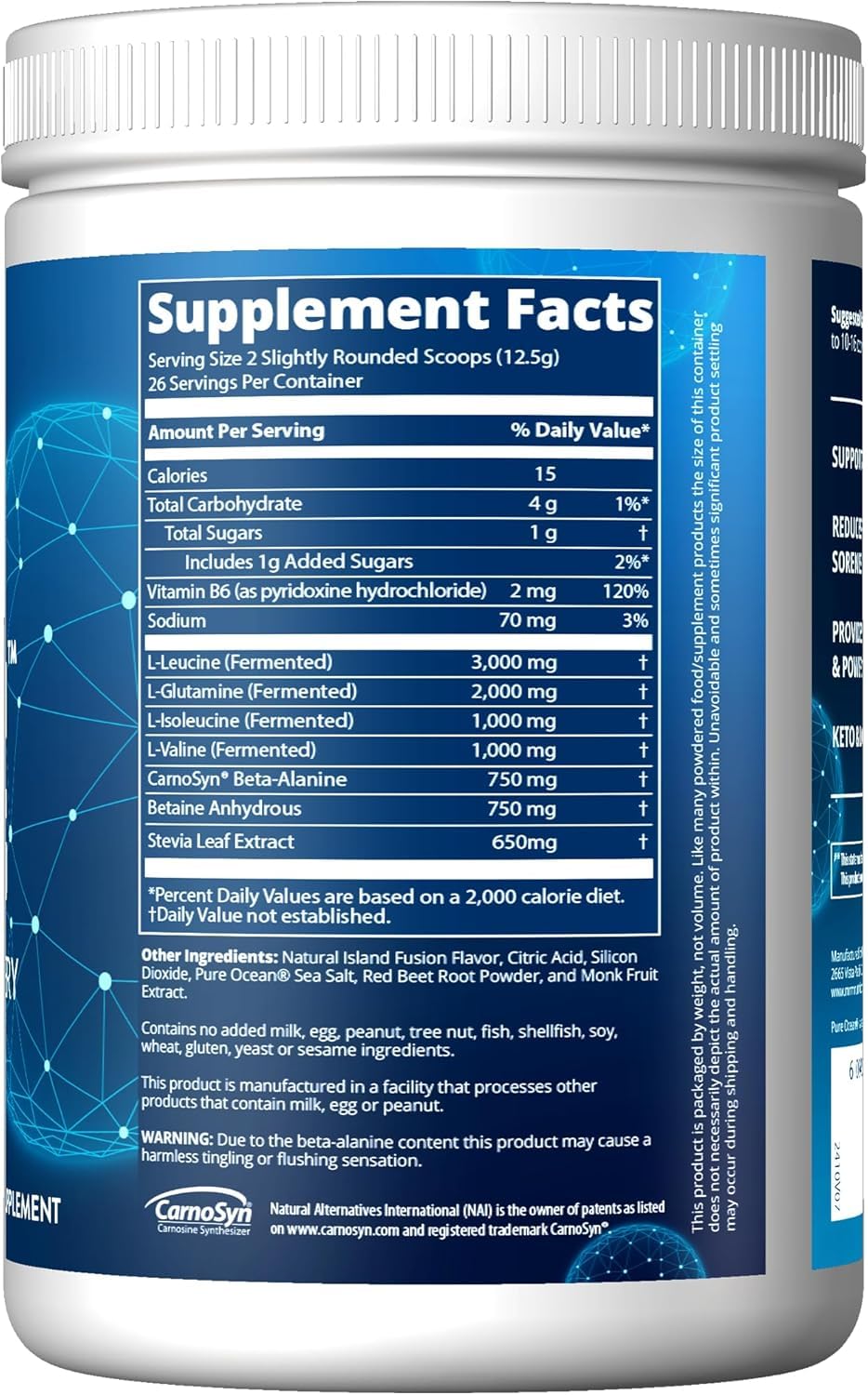 Reload BCAA+G Island Fusion powder scoop with glass of water