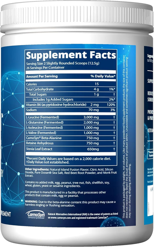 Reload BCAA+G Island Fusion powder scoop with glass of water