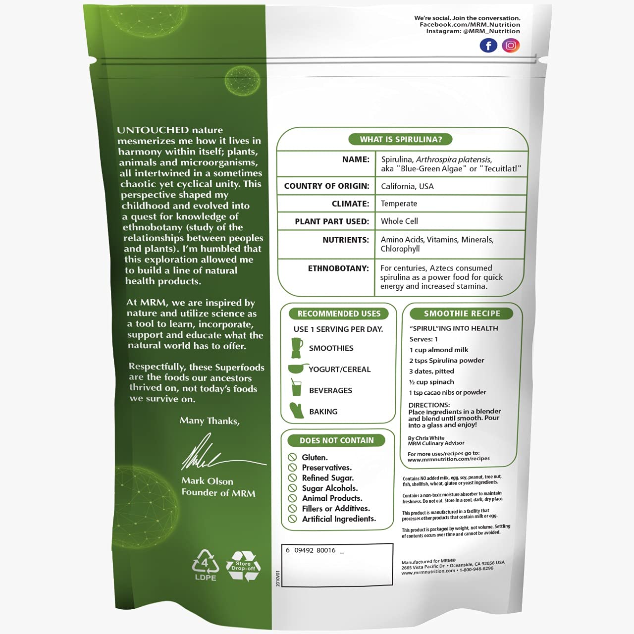 Spirulina powder bottle ingredients panel