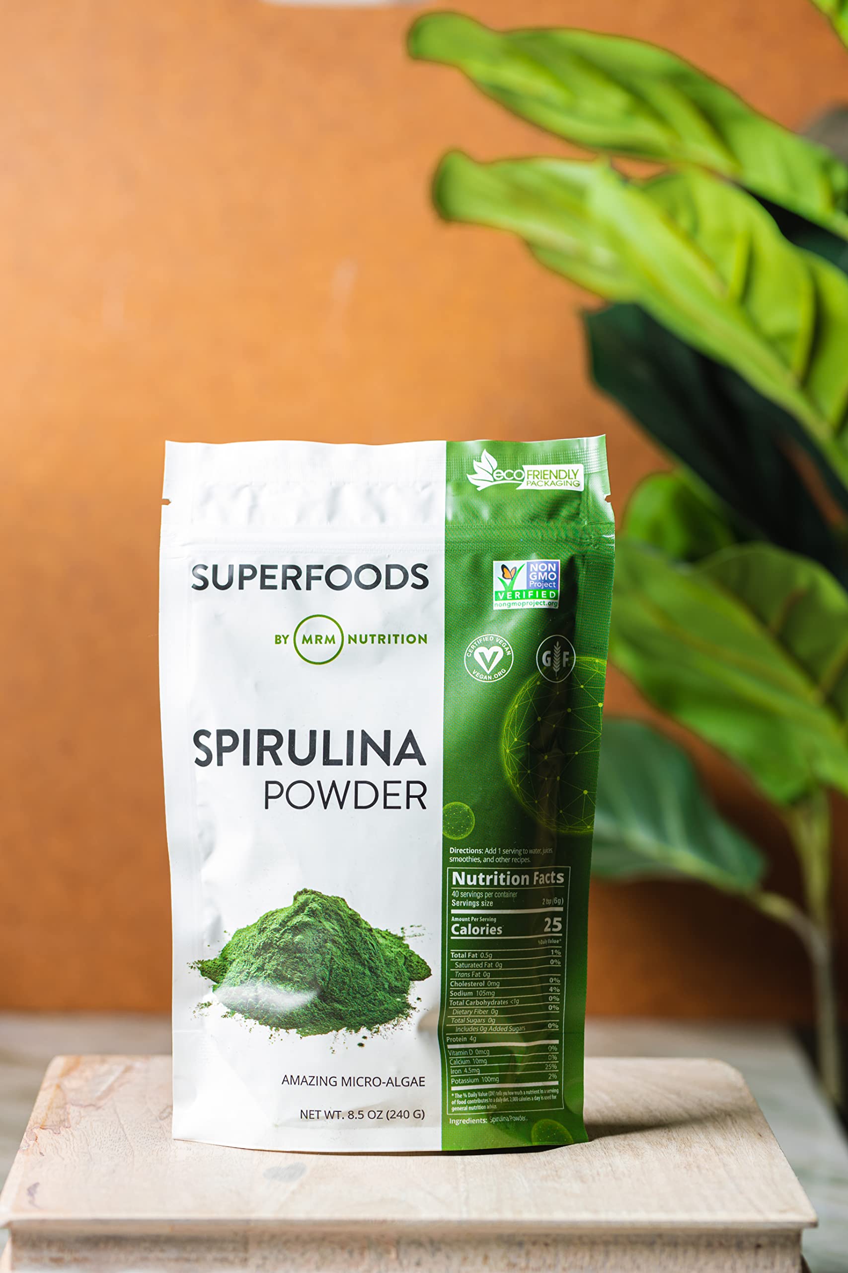 Spirulina powder nutrition facts label close-up