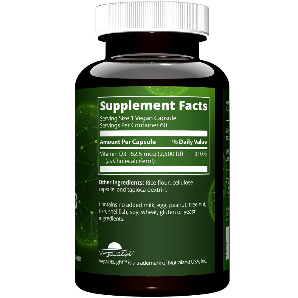 Plant-based Vitamin D3 from lichens on bottle label detail