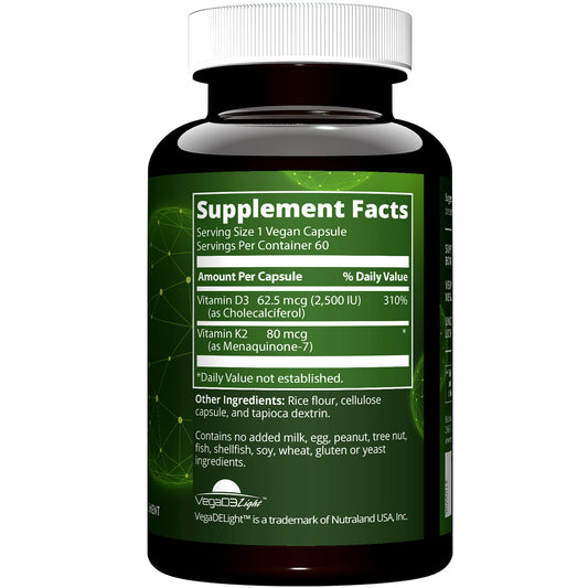Vegan Vitamin D3 from lichens and K2 supplement bottle on white background
