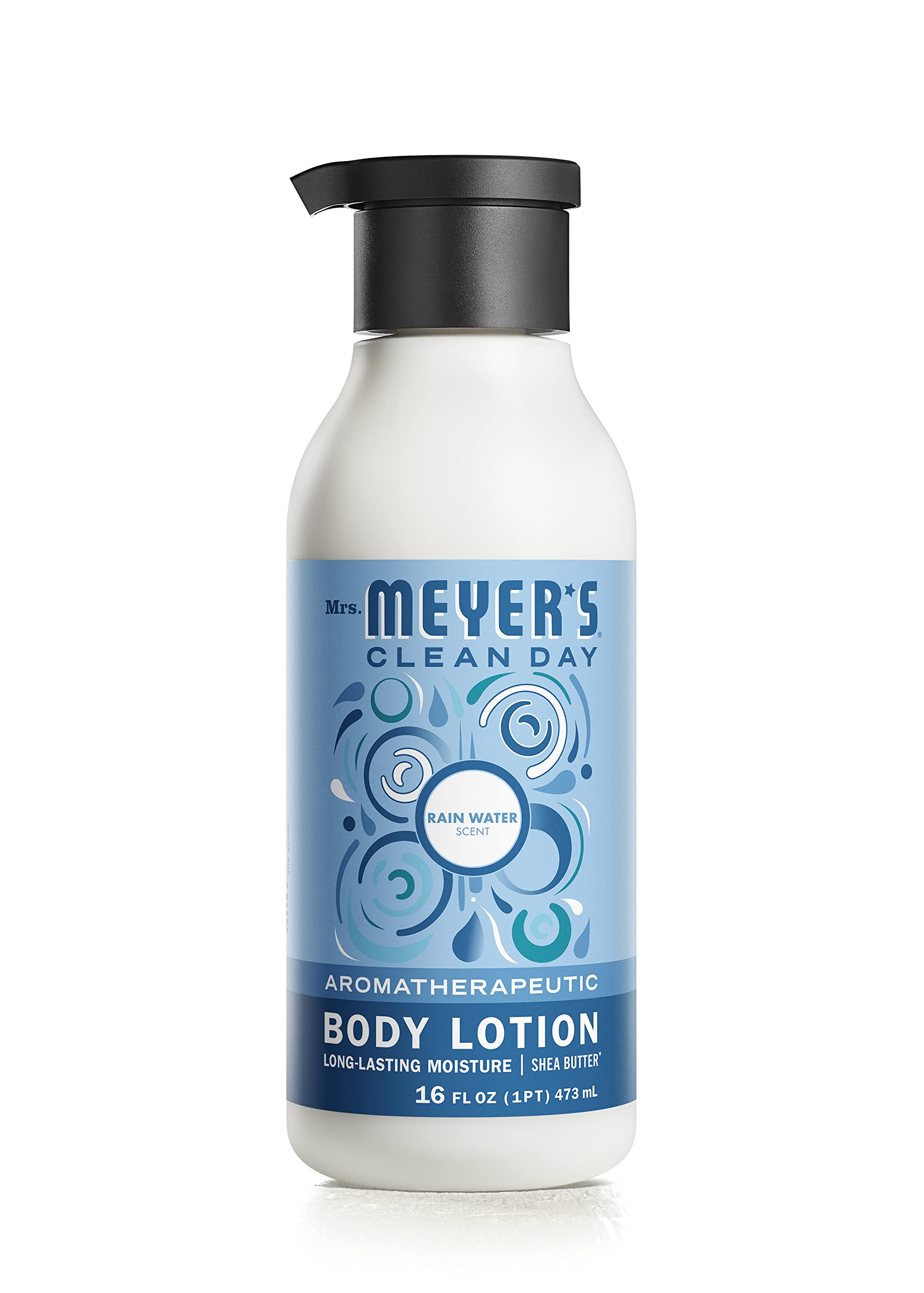 Mrs. Meyer's Clean Day Rain Water bottle highlights refreshing hydration for dry skin.