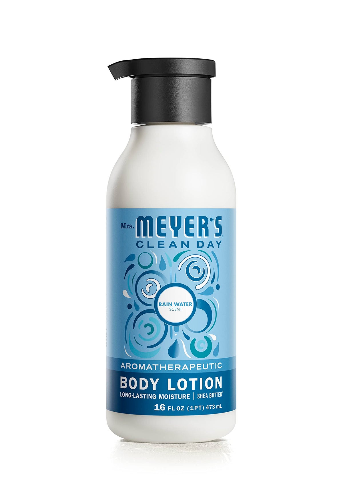 Mrs. Meyer's Clean Day Rain Water bottle highlights refreshing hydration for dry skin.