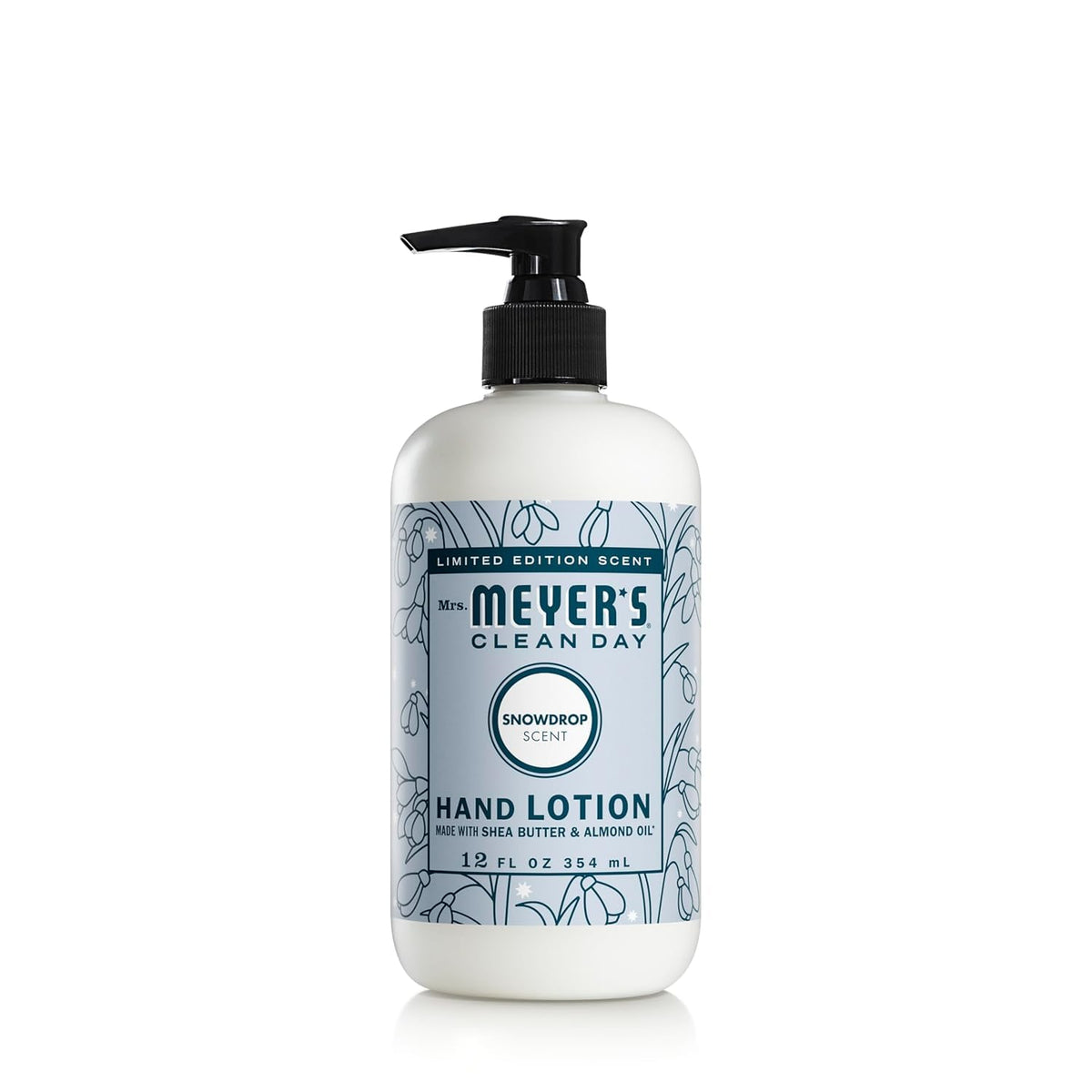 Mrs. Meyer's Snowdrop hand lotion bottle provides non-greasy hydration for dry hands.