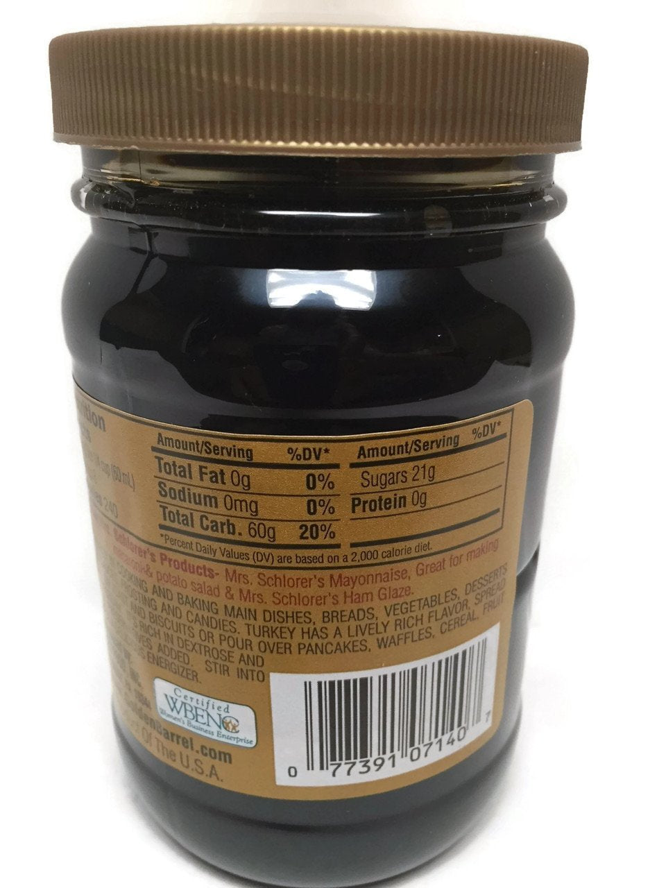 Close-up of Mrs. Schlorer's Turkey Golden Table Syrup bottle