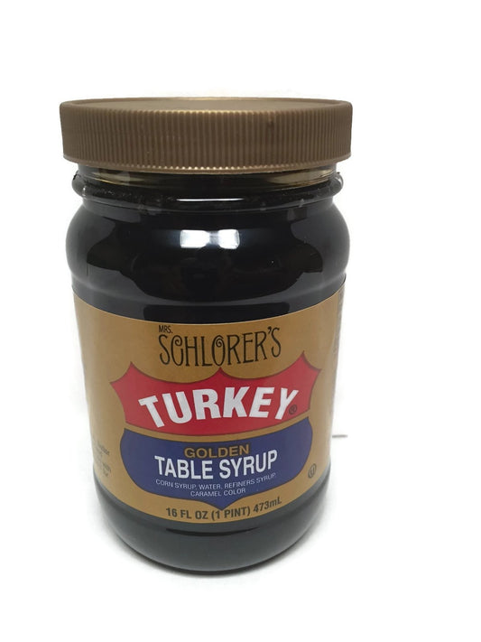 Front view of Mrs. Schlorer's Turkey Golden Table Syrup bottle, 16 oz