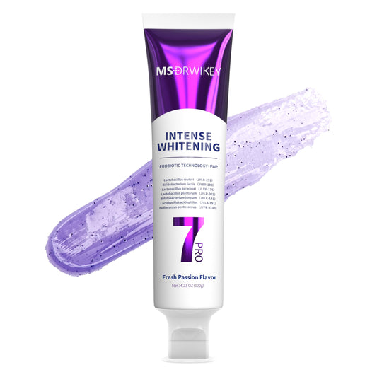 MSDRWIKEY Popping 7-Pro Whitening Toothpaste bottle with purple beads
