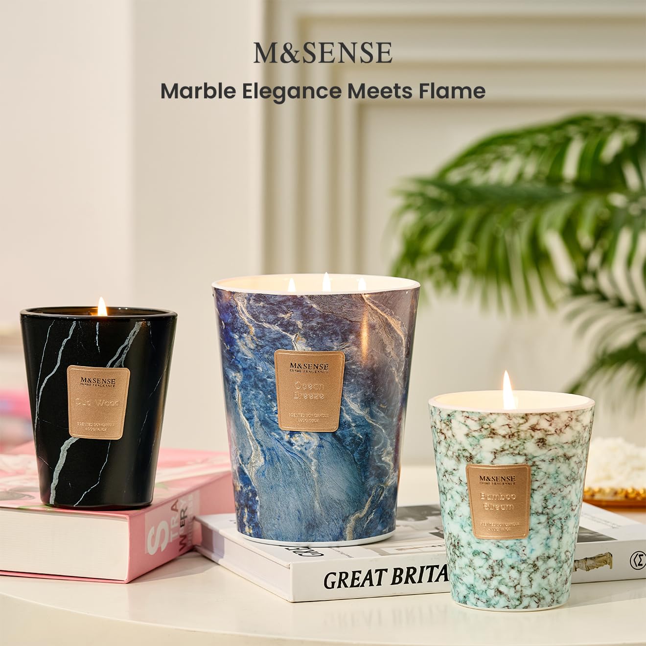 Lifestyle setting with M&SENSE candle on a table