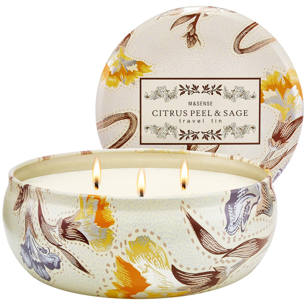 M&SENSE 3-wick soy candle in a floral-patterned tin, front view