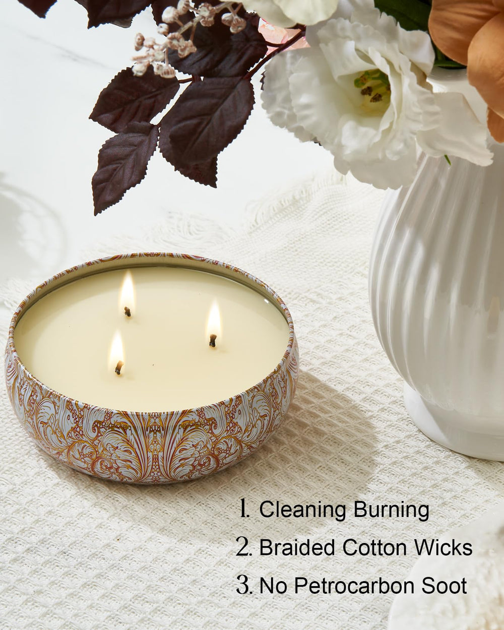 M&SENSE candle lit in a living room creating a cozy scented atmosphere