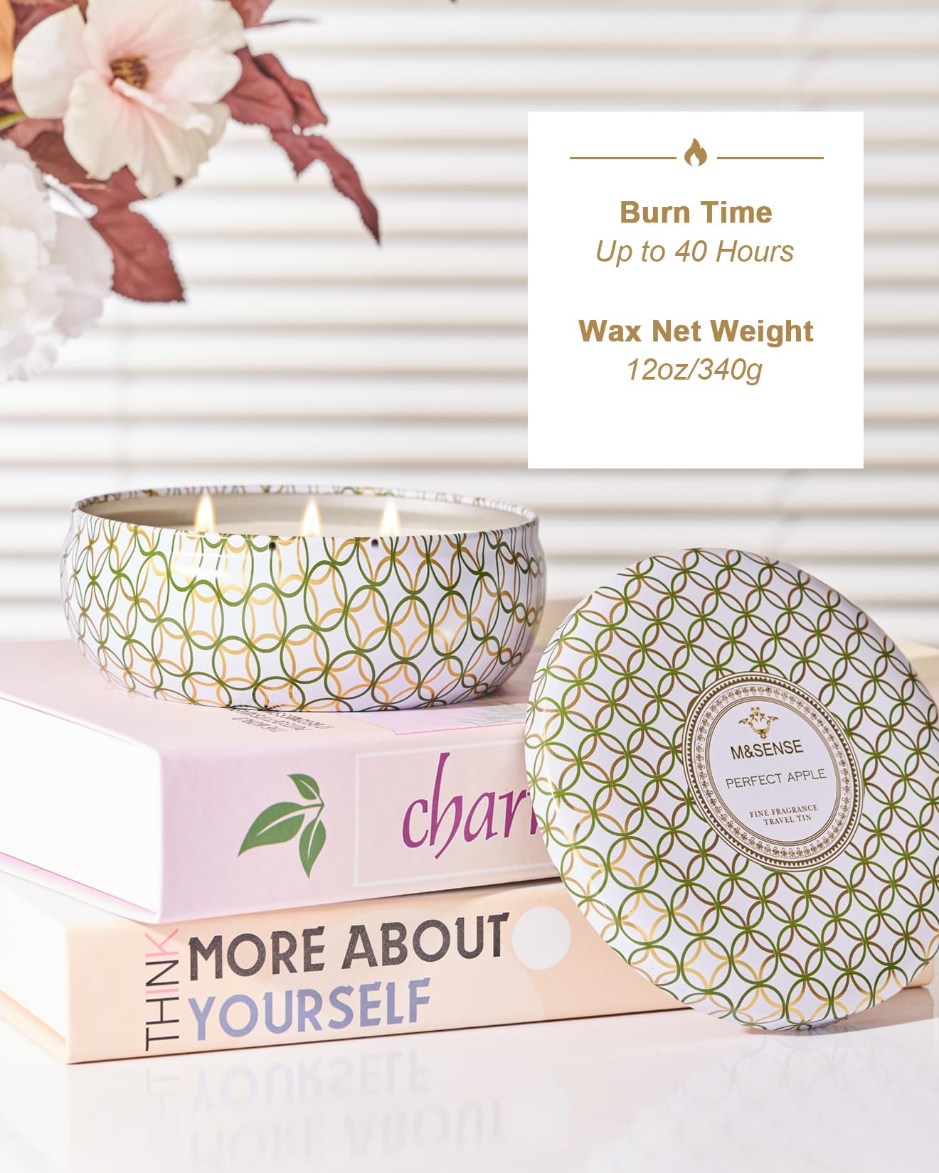 Floral pattern on M&SENSE 3-wick apple candle tin