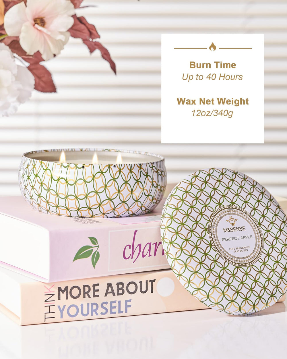 Floral pattern on M&SENSE 3-wick apple candle tin