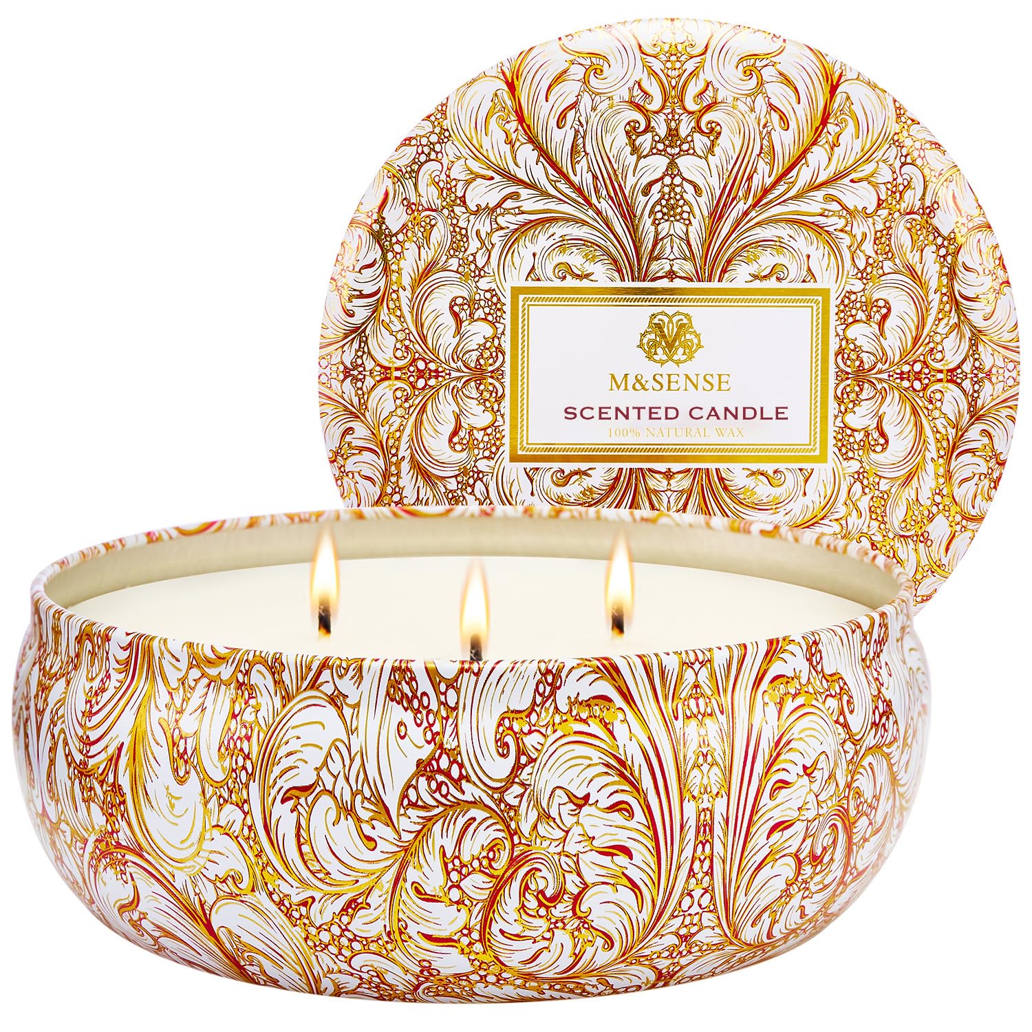 Front view of M&SENSE Basil Flower 3-wick soy candle tin