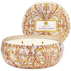 Front view of M&SENSE Basil Flower 3-wick soy candle tin