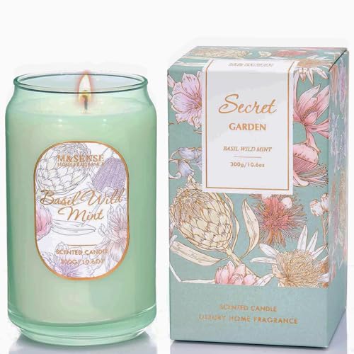 Front view of M&SENSE Basil Mint 10.6 oz soy candle in a clear glass jar.