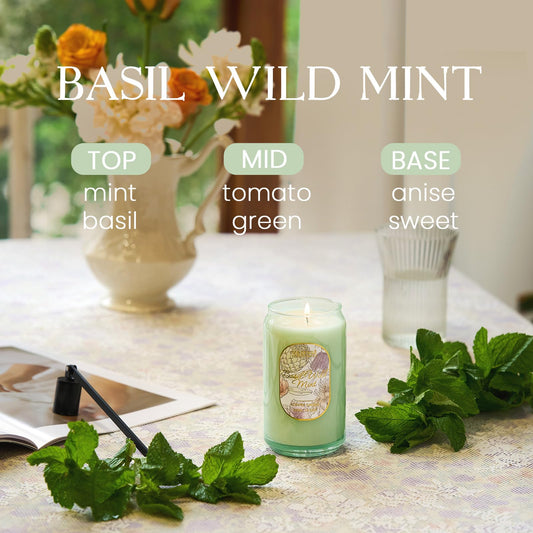 Side view of the Basil Mint candle showing the jar and label.