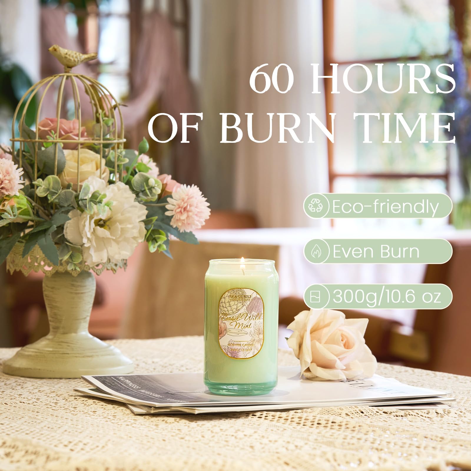 Close-up of the Basil Mint scent label on the candle jar.
